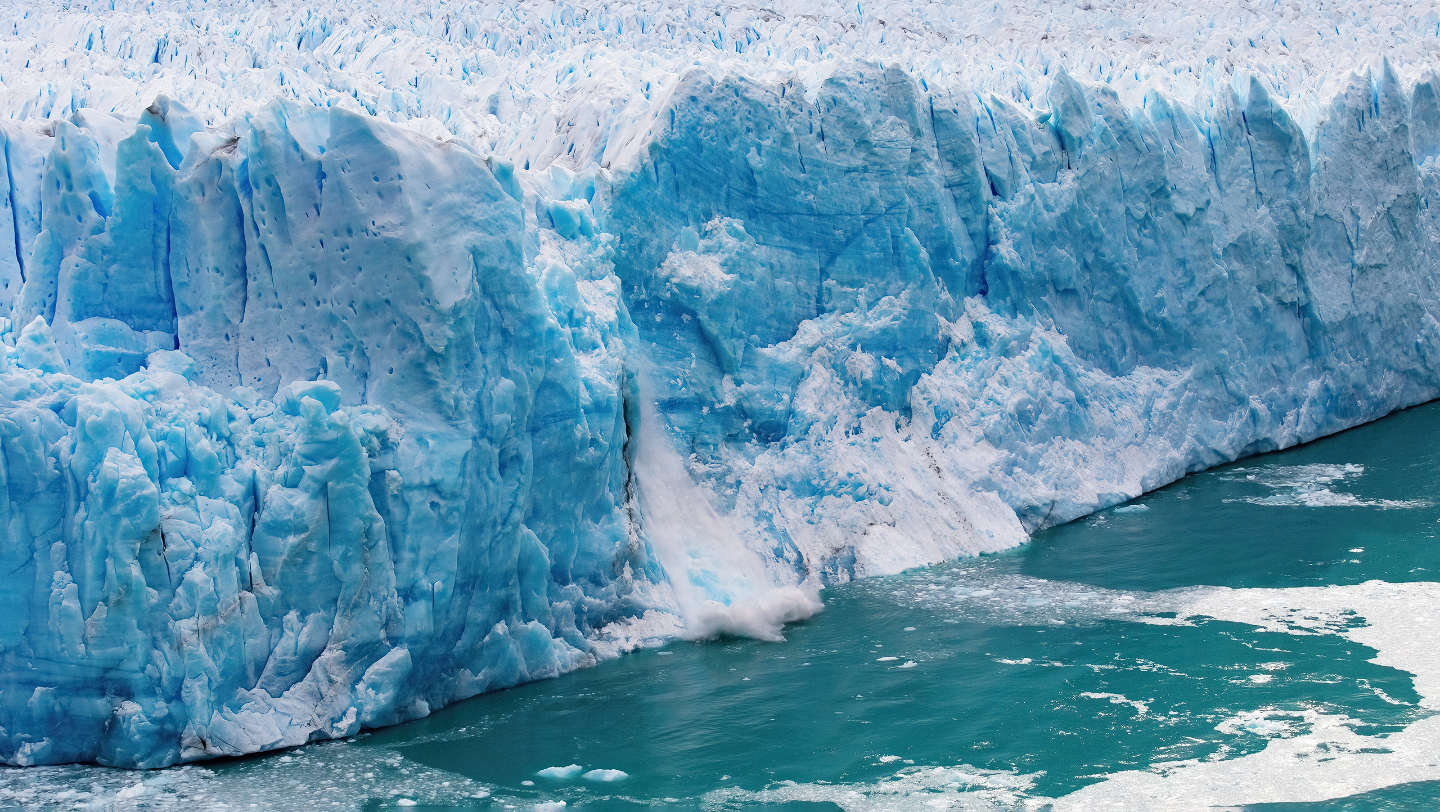 Blue glacier face calving into turquoise meltwater